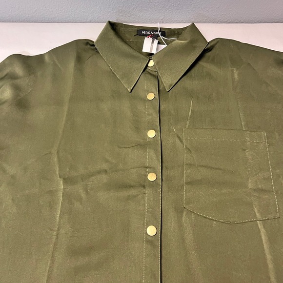 NWT Hers & Mine Olive Green Satin Button-Down Shirt Long Sleeve Oversized L - Picture 6 of 12